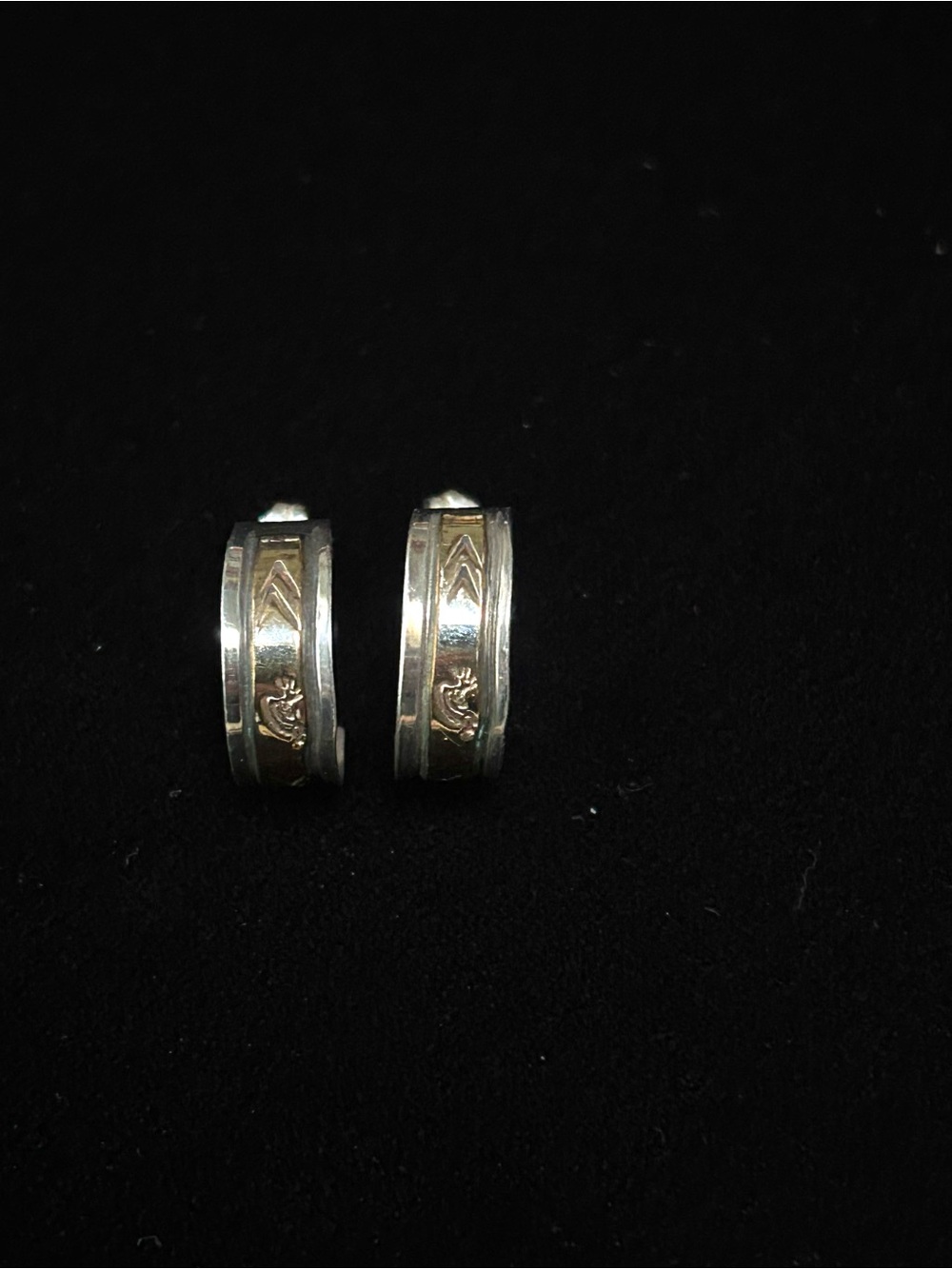 Artisan Native American 12k Gold on Sterling Silver Half-Hoop Earrings, Signed V